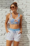 Floral Square Neck Wide Straps Sporty Bikini Top And White HighWaist Boy Shorts