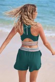 Trendy Teal Colorblock Sporty Bikini Top With Boy Short Set