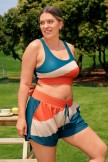 Teal Colorblock Elastic Waistband Stylish Plus Size Athletic Short with Pockets