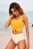 Knotted Front Yellow Tankini Top With Striped Bottom