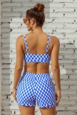 Blue & White Square Lattice Square Neck Wide Straps Sporty Bikini Top And HighWaist Boy Shorts