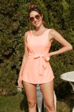 Solid Pink Scoop Neck Wide Straps Wrap Ties Side Split Swimdress