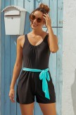 Solid Black Square Neck Wide Straps Belt OnePiece Swimsuit