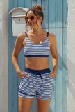 Blue Stripes Square Neck Wide Straps Sporty Bikini Top And HighWaist Boy Shorts