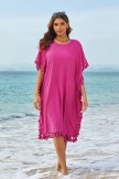 Solid Red Scoop Neck Tassel Edge Batwing Sleeve Loose Beach Dress