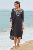 Black Floral Scoop Neck Long Sleeves Beach Dress