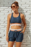 Deep Blue Colorblock Square Neck Wide Straps Sporty Bikini Top And HighWaist Boy Shorts