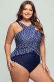 High Neck Blue And White Dot OnePiece Swimsuit