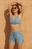 Green & White Stripes Square Neck Wide Straps Sporty Bikini Top And HighWaist Boy Shorts