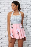 White &  Pink Colorblock Stripe Halter Straps Sweetheart Neck Casual Swimdress