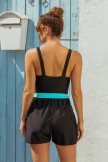 Solid Black Square Neck Wide Straps Belt OnePiece Swimsuit