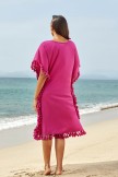 Solid Red Scoop Neck Tassel Edge Batwing Sleeve Loose Beach Dress