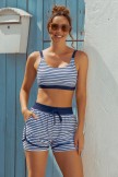 Blue Stripes Square Neck Wide Straps Sporty Bikini Top And HighWaist Boy Shorts